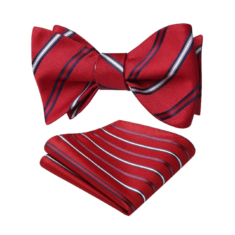 Men's silk tie for Christmas dinner-Stripe Bow Tie & Pocket Square - RED WHITE