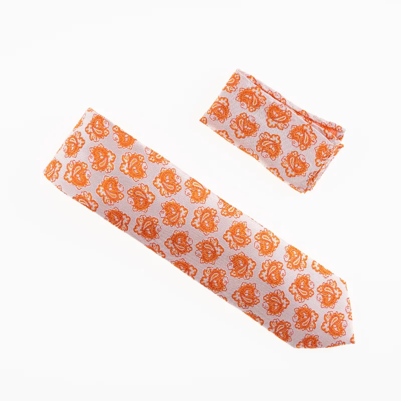 Stylish men's tie with a trendy chevron design-Tan & Orange Paisley Designed Extra Long Necktie Tie with Matching Pocket Square