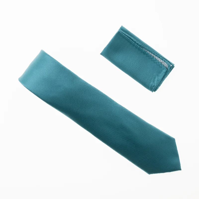 Men's tie for business meetings with modern designs-Teal Blue Satin Finish Silk Necktie with Matching Pocket Square