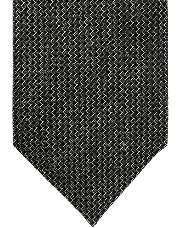 Elegant men's tie for upscale meetings-Tom Ford Necktie Black Brown Silver Zig Zag Pattern - Linen Silk