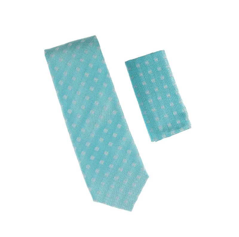 Men's tie with subtle stripes for formal wear-Turquoise With Silver Square Designed Extra Long Silk Tie With Matching Square