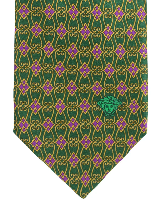 Classic men's tie with fine pinstripes-Versace Silk Tie Green Purple Gold Ornamental Medusa