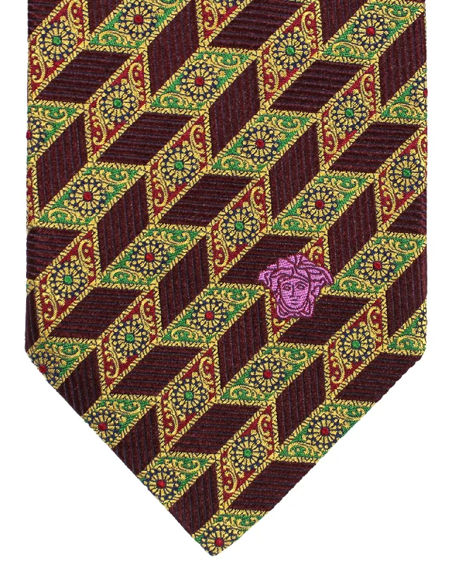 Men's tie for family holiday events-Versace Silk Tie Maroon Green Gold Medallions