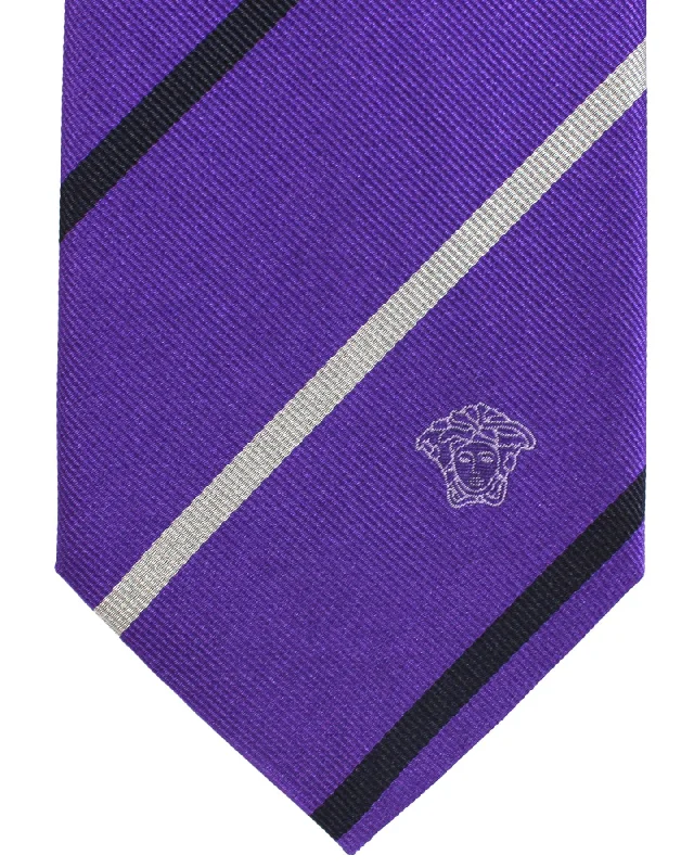 Men's tie for upscale dinner events-Versace Silk Tie Purple Medusa Stripes SALE