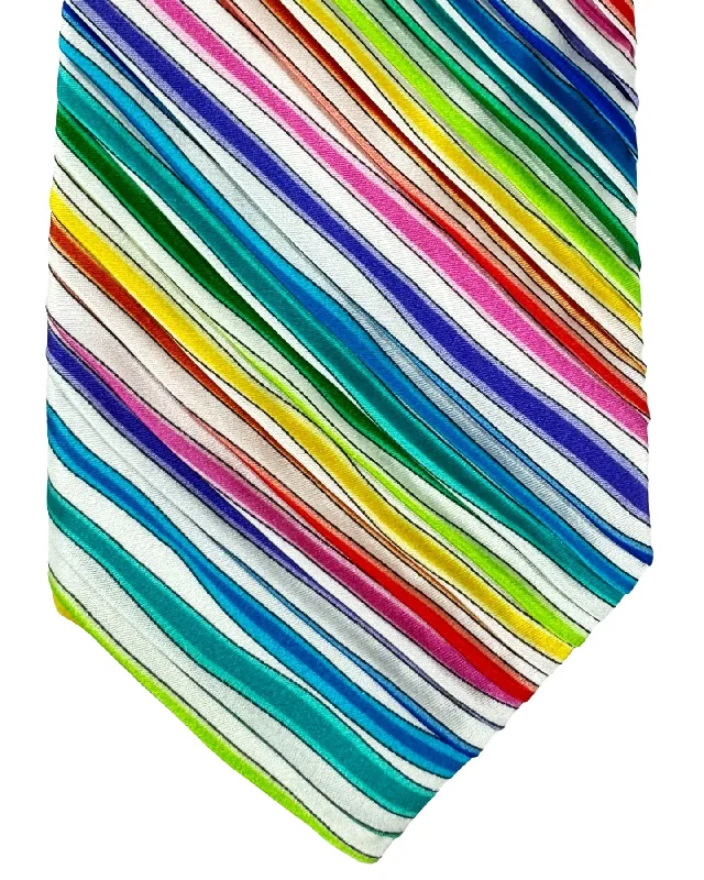 Men's tie with delicate embroidery-Vitaliano Pancaldi PLEATED SILK Tie White Lime Orange Aqua Stripes Design