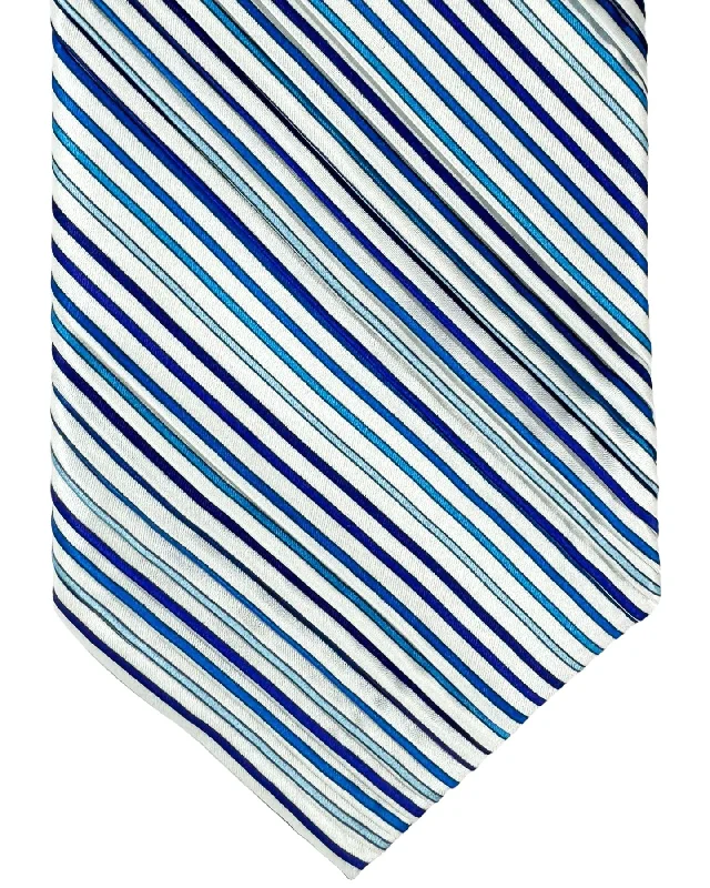 Men's tie with smooth satin finish-Vitaliano Pancaldi PLEATED SILK Tie White Silver Aqua Lapis Stripes