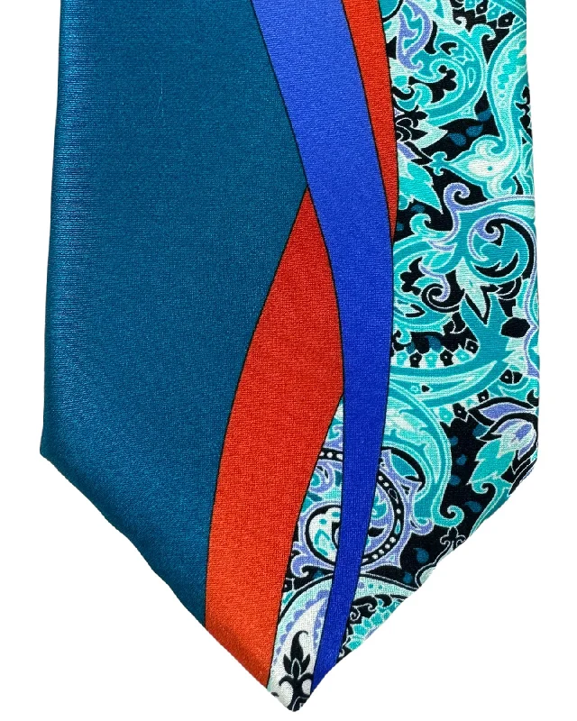 Designer tie for professional men-Vitaliano Pancaldi Silk Tie Aqua Teal Orange Paisley Swirl Design