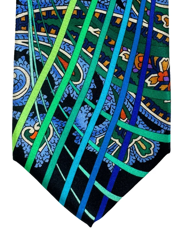 Men's tie with luxurious feel for weddings-Vitaliano Pancaldi Silk Tie Black Green Paisley Swirl Design