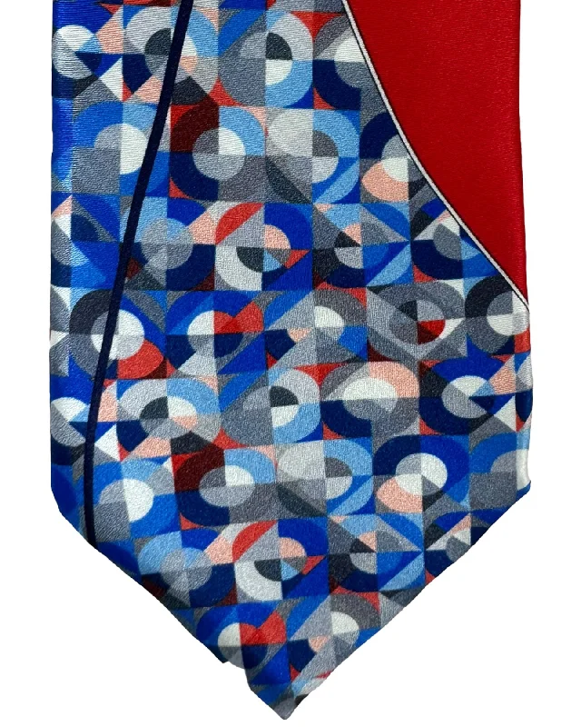 Men's tie for corporate cocktail parties-Vitaliano Pancaldi Silk Tie Red Blue Gray Swirl Geometric Design