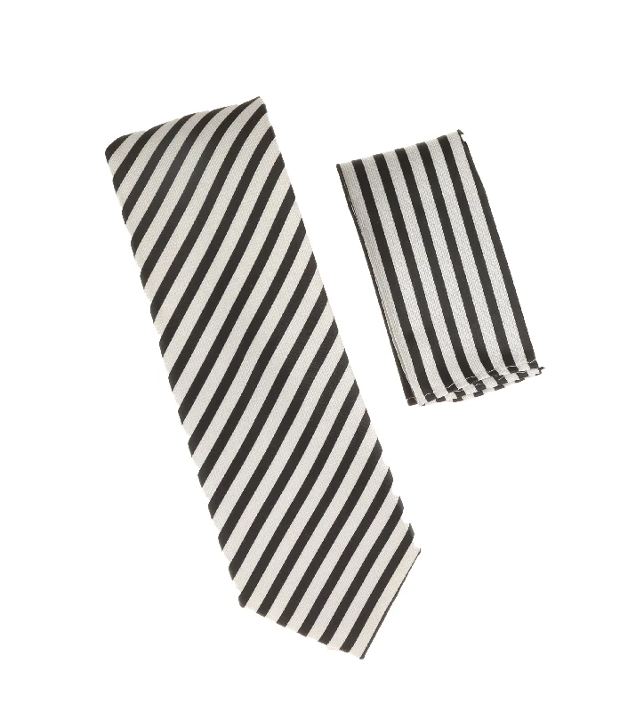 Men's silk tie for holiday parties-White & Black Striped Extra Long Silk Tie With Matching Pocket Square