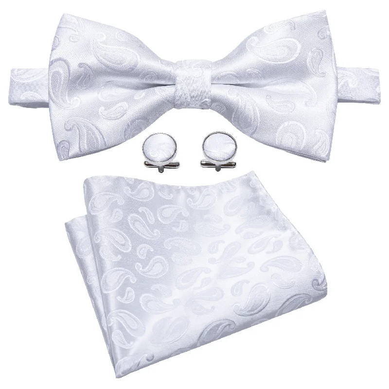 Best necktie for a formal office gathering-Barry Wang White Paisley Pre-tied Bow Tie