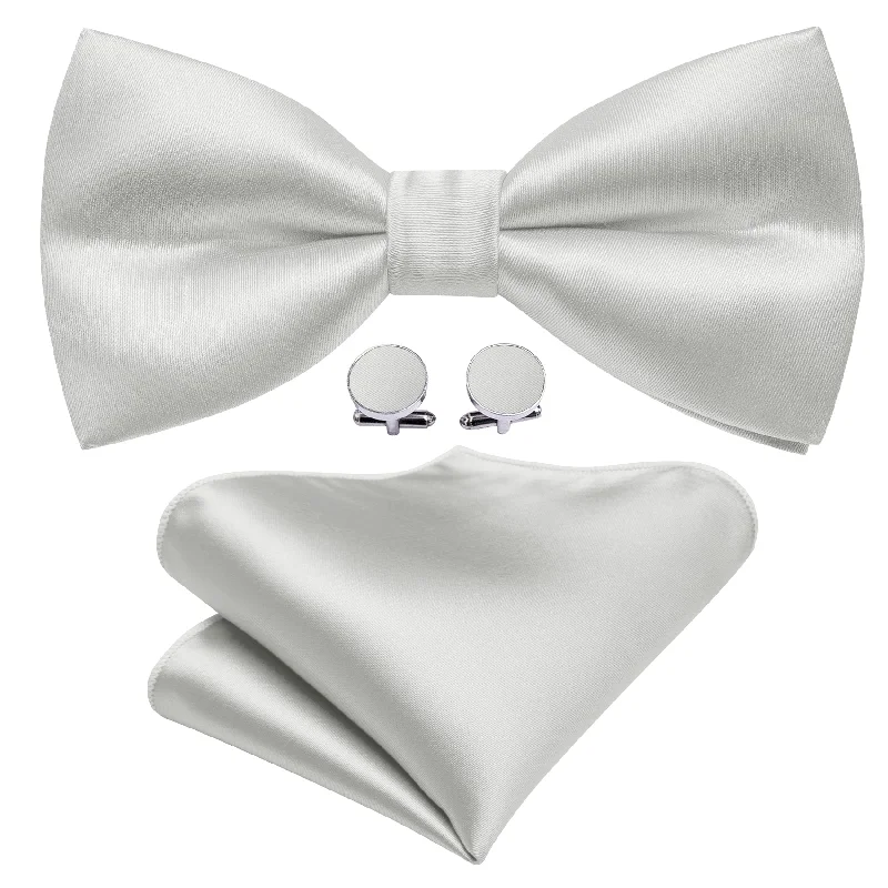 Men's tie for black tie gala-Barry Wang Satin Tie White Grey Solid Pre Tied Bow Tie Hanky Cufflinks Set