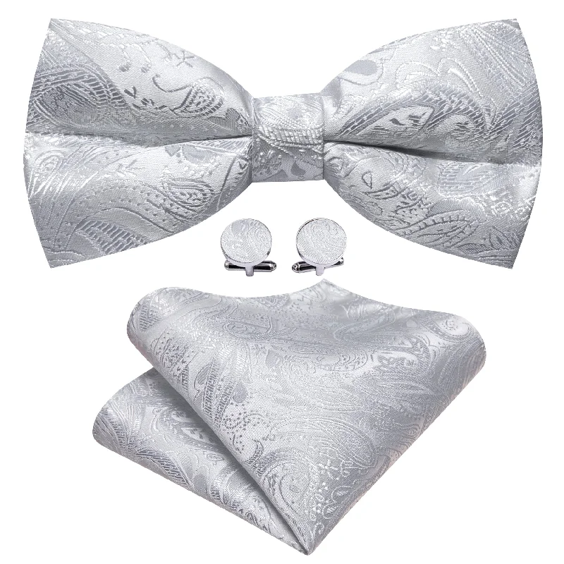 Men's tie for a winter corporate look-Barry Wang Silver White Paisley Pre Tied Bow Tie Hanky Cufflinks Set