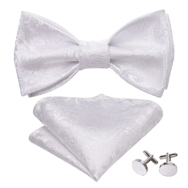 Luxury men's tie for holiday celebrations-Barry Wang Mens Bow Tie White Paisley Silk Tie Hanky Cufflinks Set