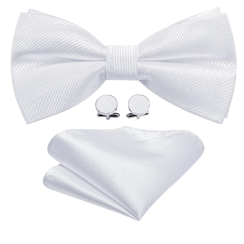 Elegant men's tie for upscale meetings-Barry Wang White Solid Pre-tied Wedding Bow Tie Hanky Cufflinks Set