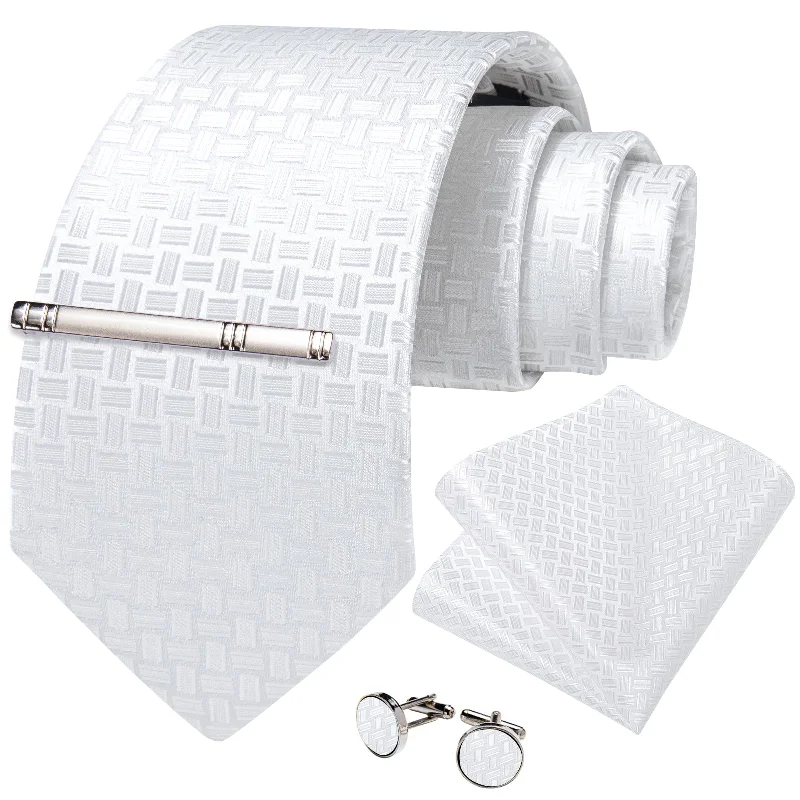 Designer men's tie with sharp stripes-White Striped Men's Tie Handkerchief Cufflinks Clip Set