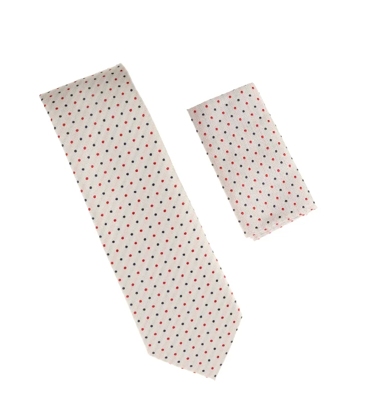 Men's tie with bold checks for casual wear-White with Red & Navy Dots Extra Long Tie with Matching Pocket Square