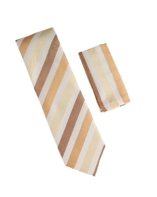 Best men's silk tie for formal events-White with Tan, Mocha and Champagne Striped Design Tie with Matching Pocket Square WTH-989