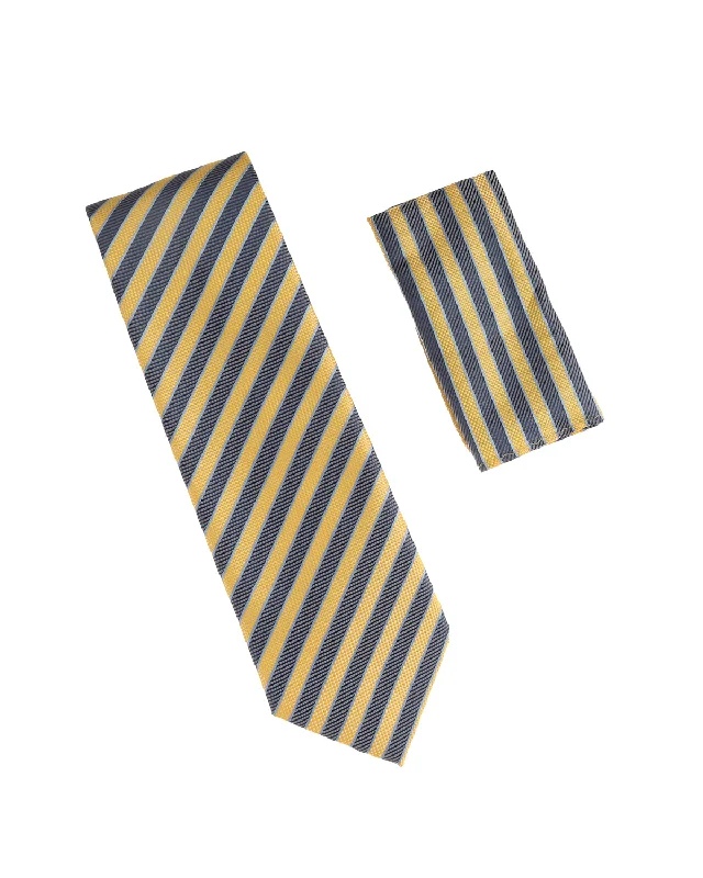 Men's tie for holiday office parties-Yellow, Baby Blue & Blue Stripped Extra Long Silk Tie With Matching Pocket Square