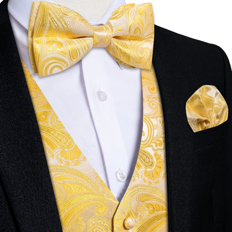 Men's tie with rich textures for holiday wear-Yellow Floral Jacquard Silk Waistcoat Vest Bowtie Pocket Square Cufflinks Set