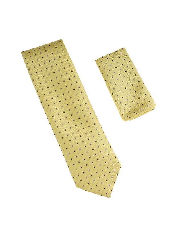 Men's slim tie for business casual look-Yellow Gold With Mocha & Brown Mini Squares Designed Silk Tie with Matching Pocket Square LTD-877