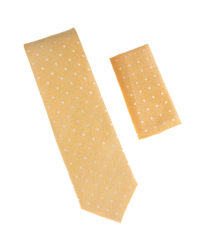 Elegant men's tie with embroidered details-Yellow Gold With Silver Mini Dots Extra Long Silk Tie With Matching Pocket Square (Limited)