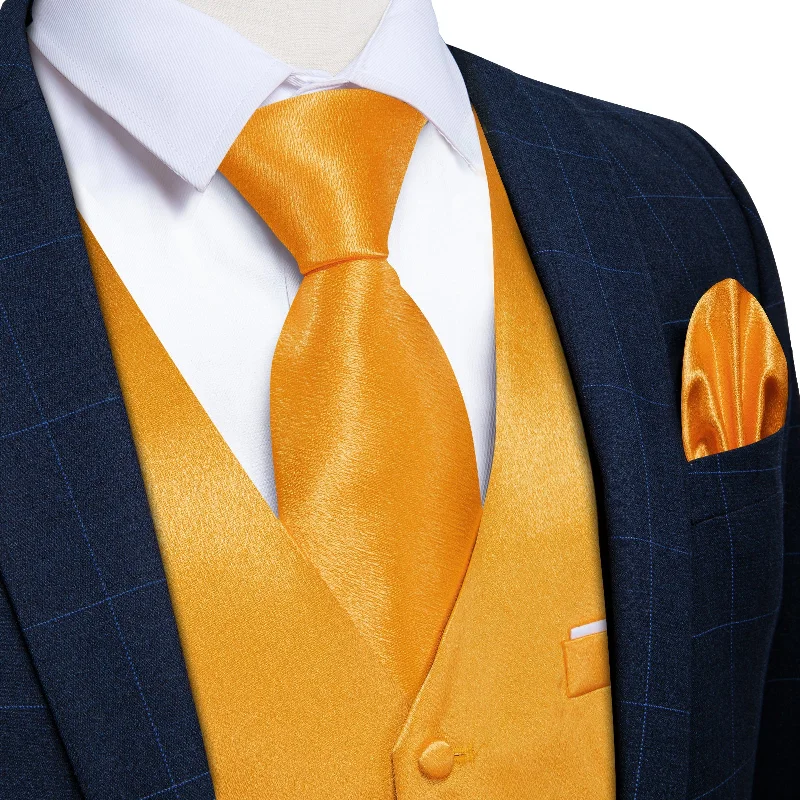 Men's tie with vibrant geometric shapes-Yellow Solid Satin Waistcoat Vest Tie Handkerchief Cufflinks Set