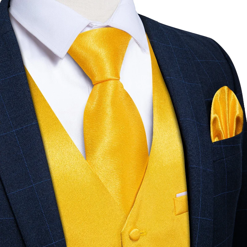 Men's tie with colorful checks for casual wear-Yellow Solid Satin Waistcoat Vest Tie Handkerchief Cufflinks Set