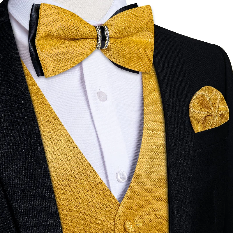 Classic men's tie with subtle design-Yellow Solid Waistcoat Vest Bowtie Handkerchief Cufflinks Set