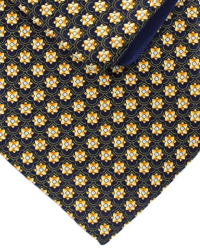 Men's tie with bold accents for formal meetings-Zilli Silk Tie & Matching Pocket Square Set Black Orange Gold Medallions SALE