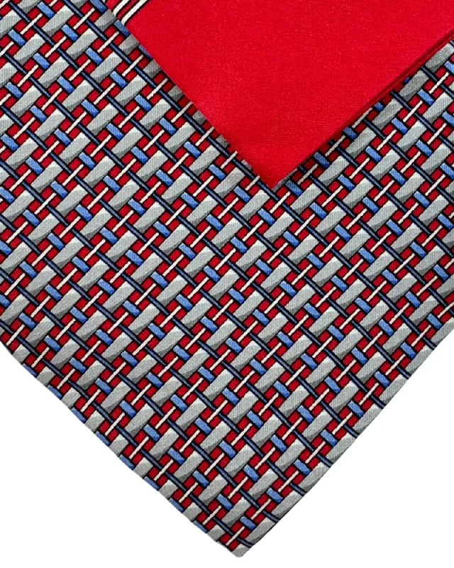 Men's tie for business meetings with modern designs-Zilli Silk Tie & Pocket Square Set Gray Red Blue Micro Pattern Design