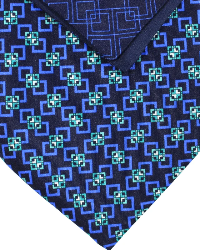 Stylish men's tie for corporate celebrations-Zilli Tie & Matching Pocket Square Set Navy Blue Green Geometric Design