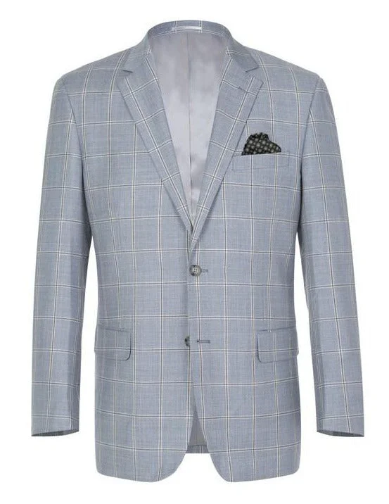 men's navy business tuxedo -100% Wool Windowpane Pattern Regular Fit 2 Button Blazer in Stone Blue