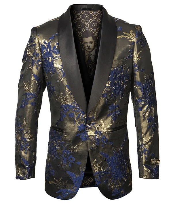 men's business wool tuxedo with satin lapel -(2XL, 3XL) Blue Floral Pattern Sports Coat Slim Fit