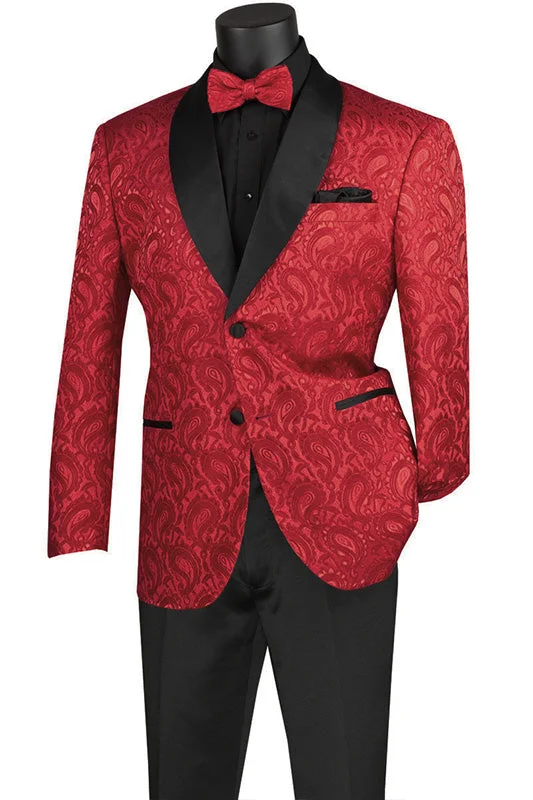 men's custom wool tuxedo with bow tie -(XL) Red Modern Fit Paisley Pattern Jacquard Fabric Jacket with Bow Tie