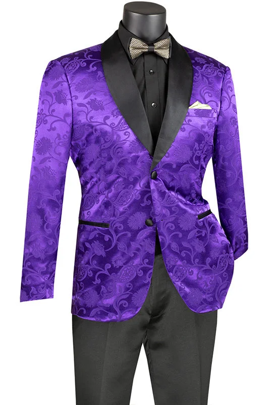 men's business tuxedo jacket with vest -(2XL) Purple Slim Fit Jacket Silky Jacquard Fabric with Bow Tie