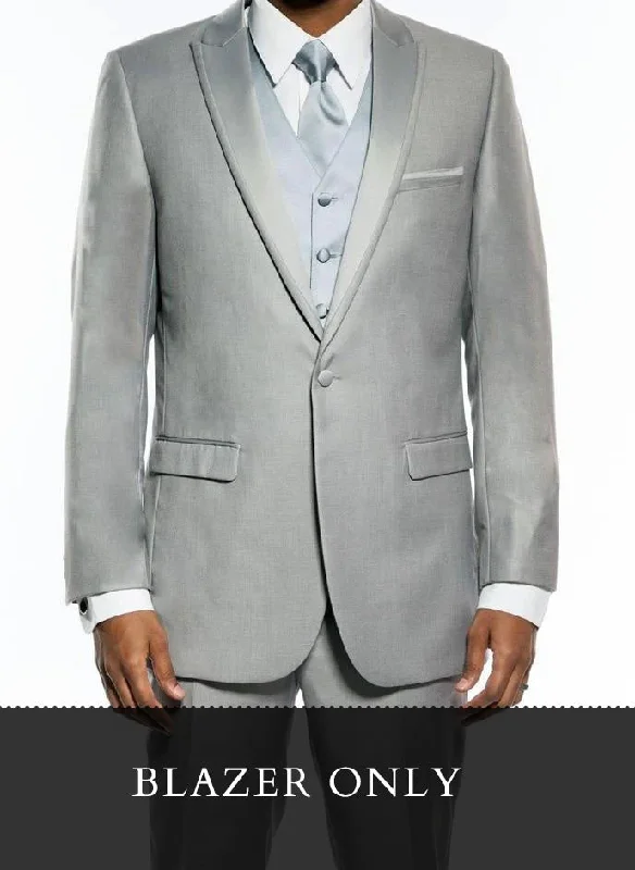 men's grey wool tuxedo with skinny tie -(36R Blazer) Light Gray Slim Fit Blazer With Satin Peak Lapel