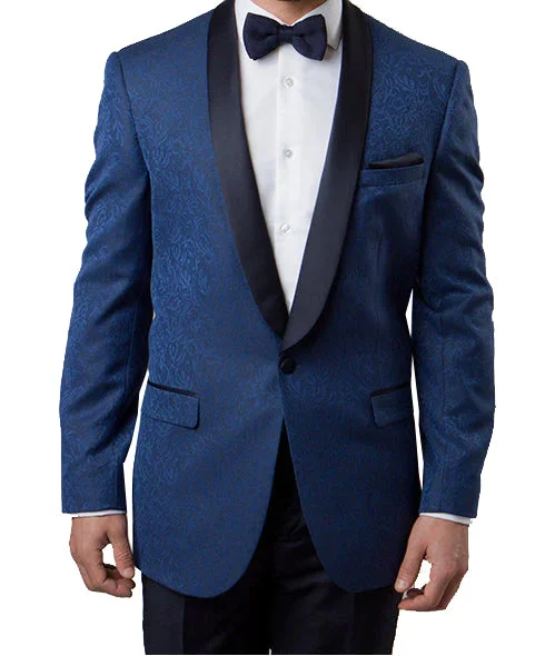 men's grey wool tuxedo jacket for events -(38R) Blue Slim Fit Floral Pattern Blazer Satin Shawl Collar