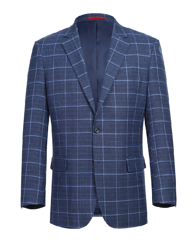 men's slim fit business tuxedo jackets -(38S) Classic Regular Fit Blazer Windowpane Pattern in Blue