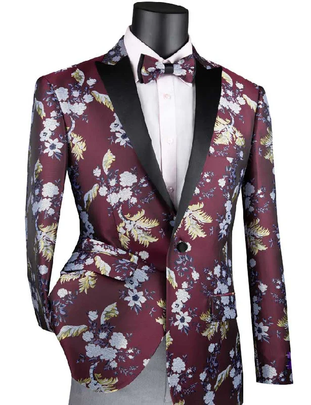 men's custom tuxedo with pockets for business -(3XL) Burgundy Slim Fit Blazer Floral Print 1 Button With Peak Lapel