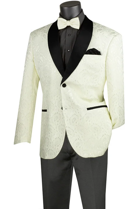 men's wool tuxedo with satin trim -(5XL) Off-White Modern Fit Paisley Pattern Jacquard Fabric Jacket with Bow Tie