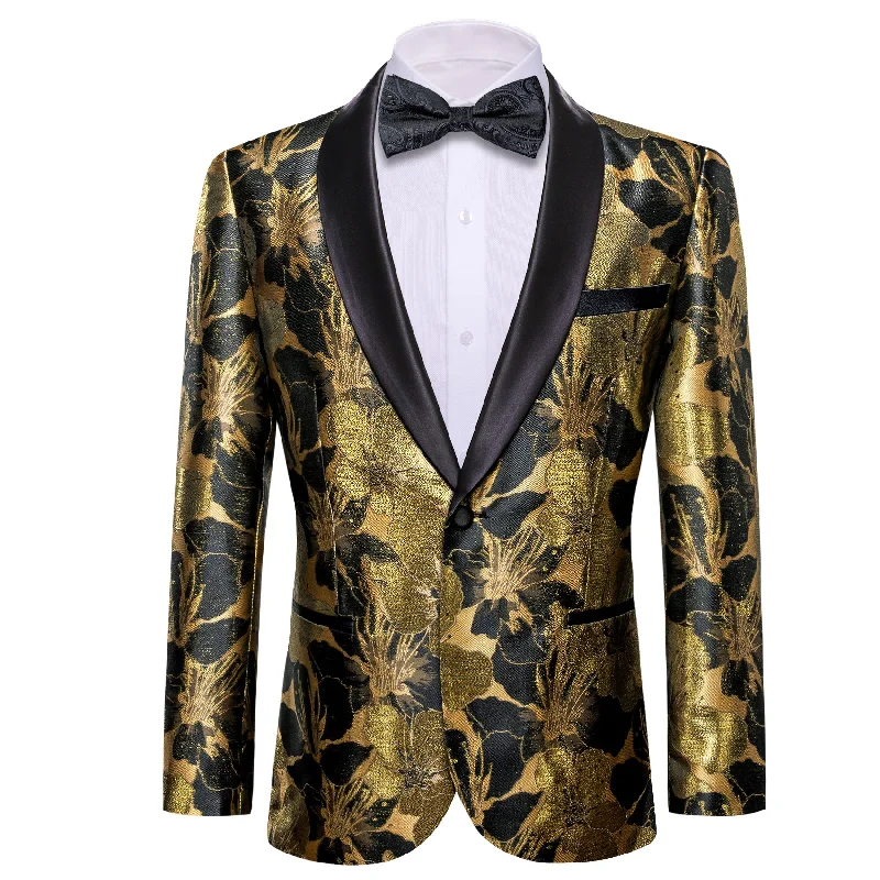 men's navy formal tuxedo for meetings -Barry.wang Shawl Collar Suit Black Gold  Floral Men's Suit Jacket Slim One Button Stylish Blazer