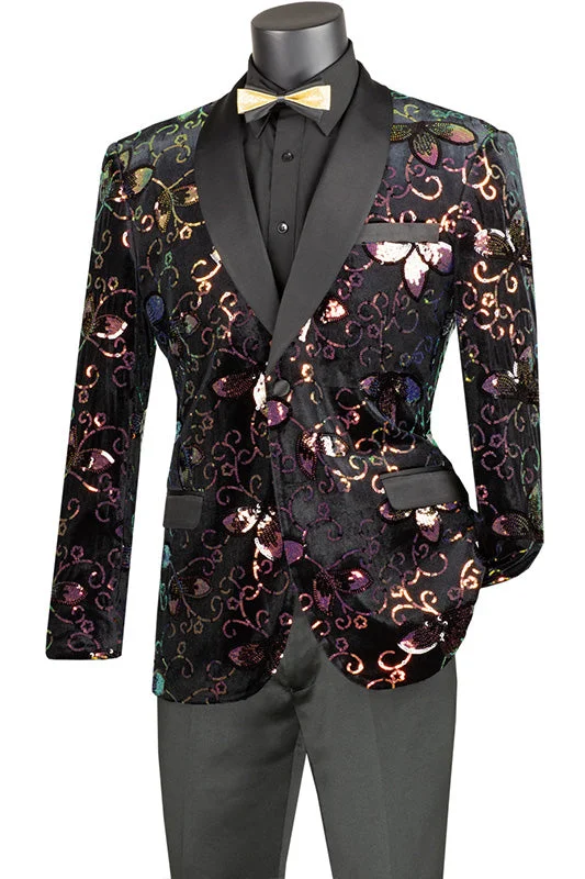 men's wool tuxedo jacket with satin shawl -Black Slim Fit Velvet Sequin Floral Pattern Jacket