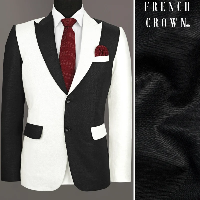 men's wool tuxedo with satin trim -Black & White Luxurious Linen Blazer