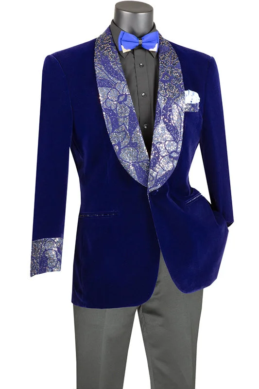 men's business wedding tuxedo with satin lapel -Blue Regular Fit Velvet Jacket with Wide Shawl Lapel and Cuffs