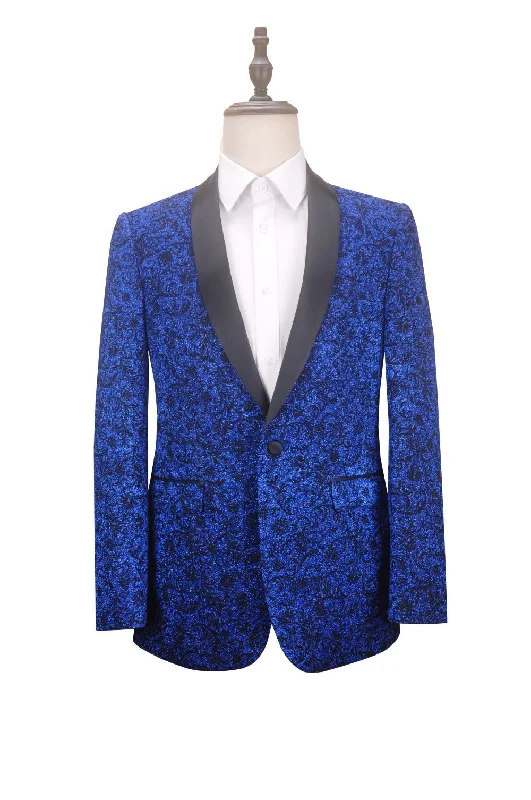 men's designer tuxedo suits for business -Blue Slim Fit Floral Pattern Jacket Shawl Lapel