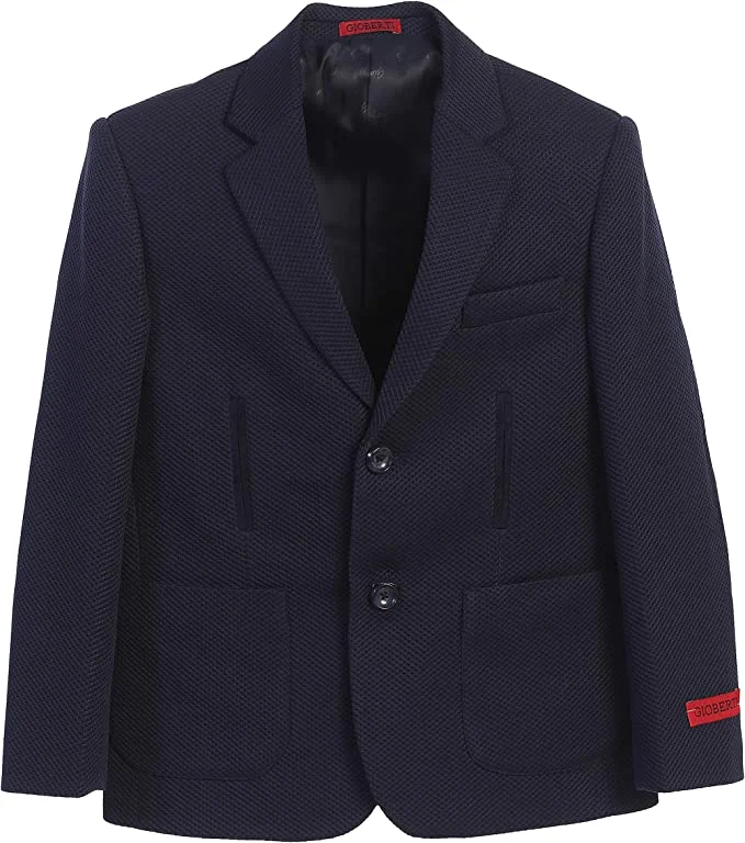 men's grey wedding tuxedo jacket with pleats -Boys Lightweight Waffle Weave Textured Blazer Jacket Navy