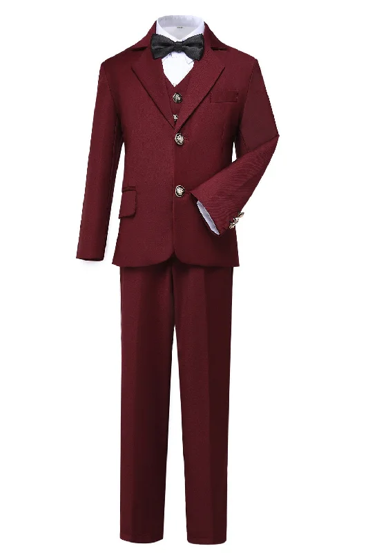 men's navy blue tuxedo for business -Burgundy 3 Piece Kids Boys' Formal Blazer Vest and Pants Dress Suits Set