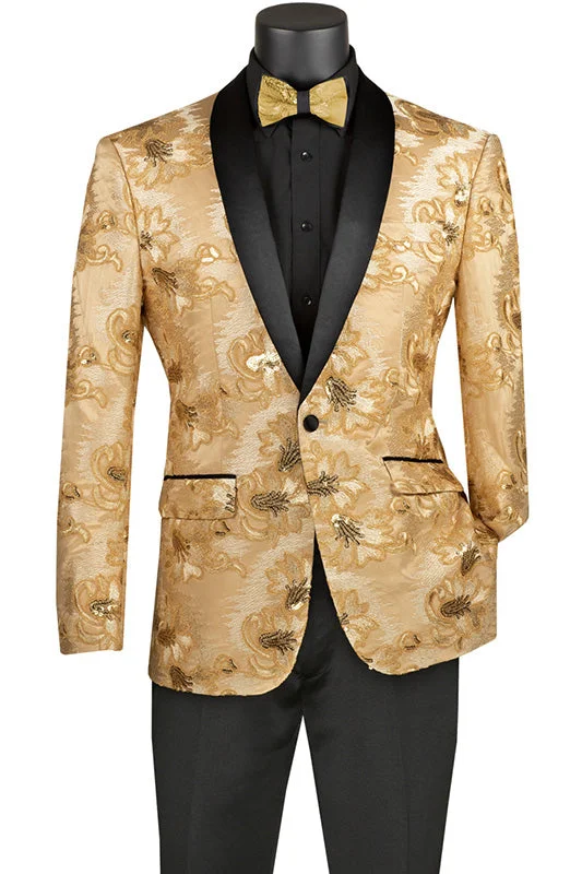 men's slim fit wedding tuxedo with pleats -Champagne Embroidery Slim Fit Jacket Shawl Lapel with Bow Tie