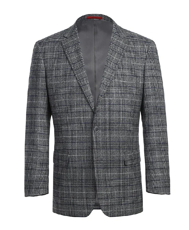 men's black wool tuxedo jacket with bow tie -Classic Regular Fit Blazer Windowpane Pattern in Gray